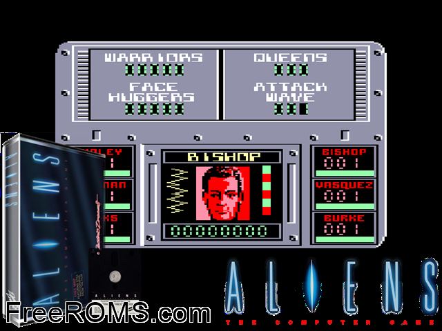 Aliens (UK) (1986) [h1] Amstrad CPC game showing 3D box cover and gameplay screenshot